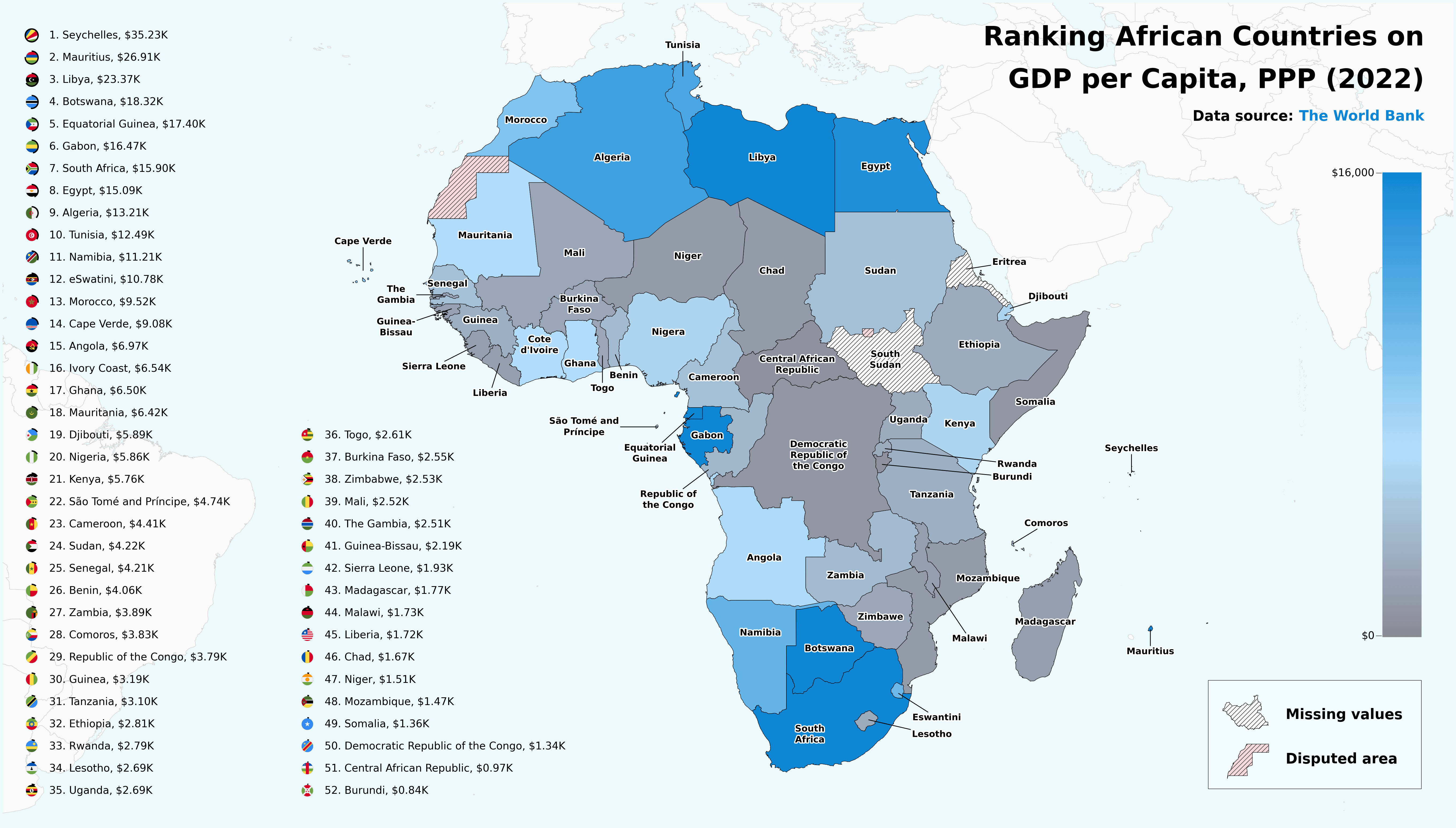 [OC] I made a map ranking Africa's wealthiest countries based on PPP ...