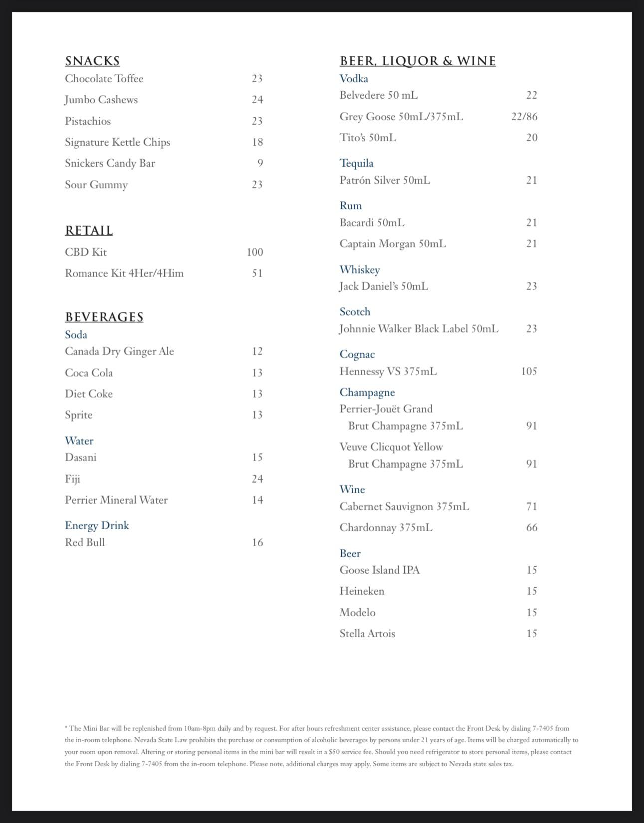 The inroom mini bar prices at the Bellagio USLUCK