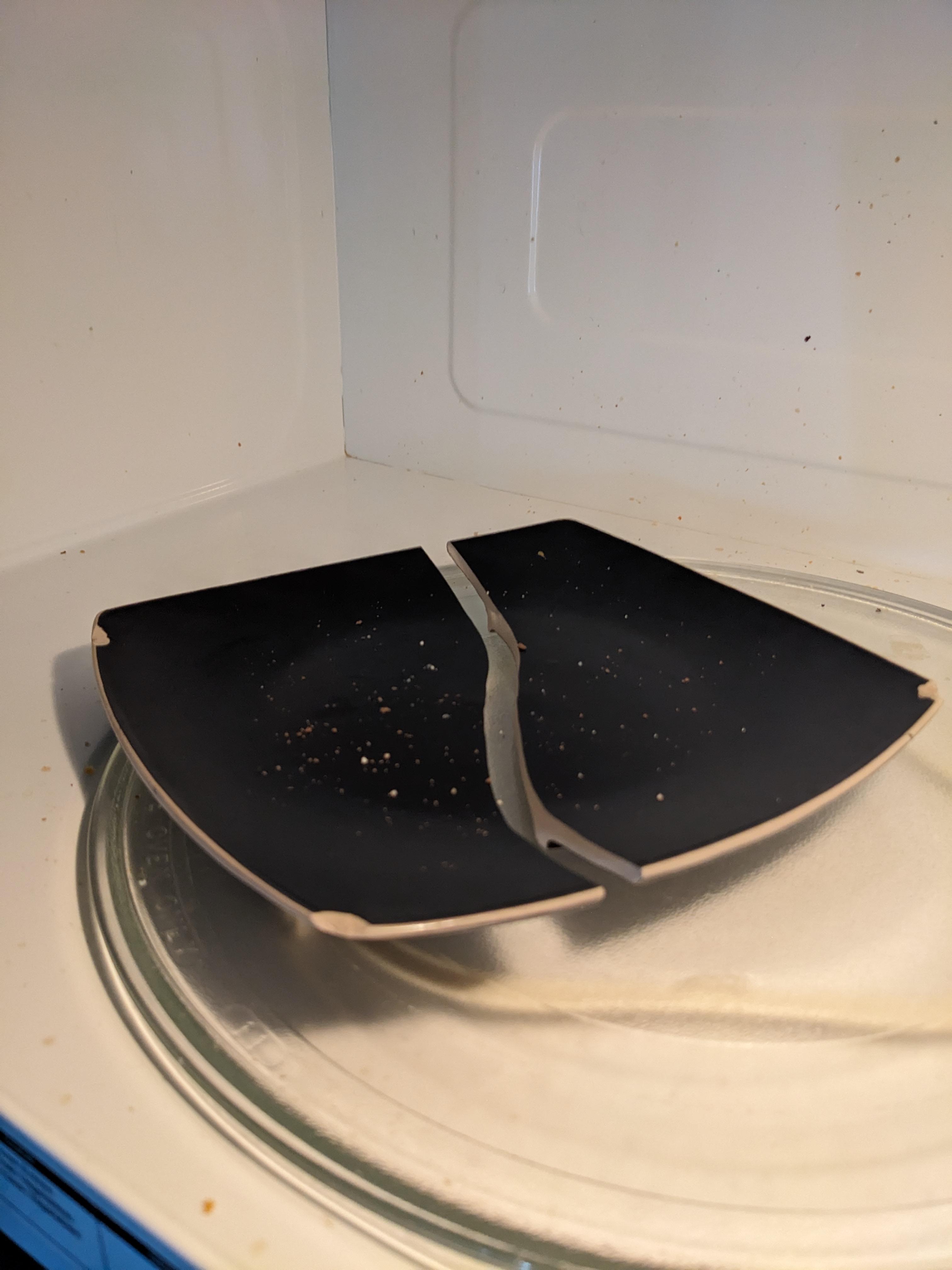 Old (microwave safe) plate broke in half while heating up a cookie